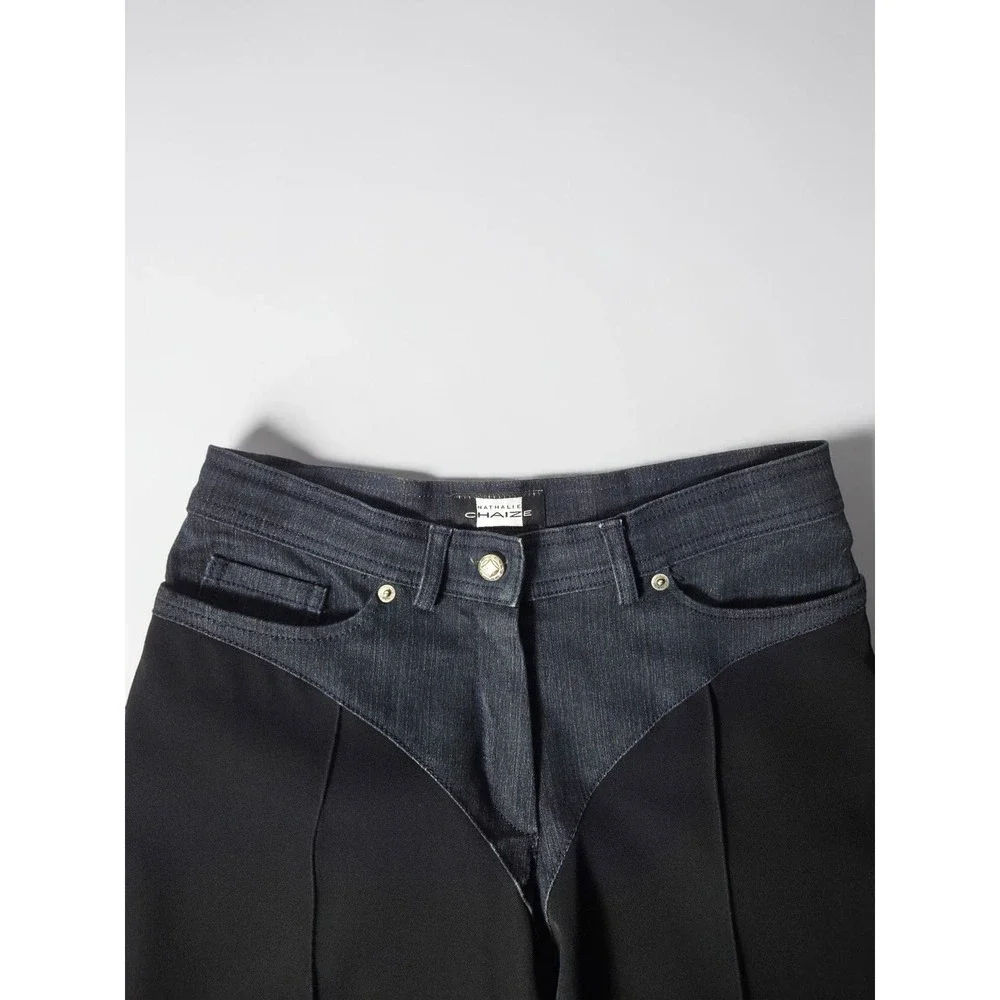 Nathalie Chaize Mixed Media Denim Wool Blend Wide Leg Trousers Black Blue Size 8 - Picture 3 of 8